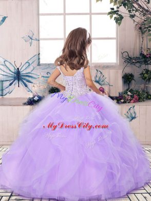 Enchanting Floor Length Purple Pageant Gowns For Girls Straps Sleeveless Lace Up