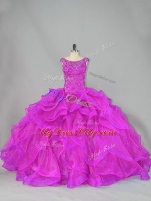 Scoop Sleeveless Brush Train Lace Up Quinceanera Dress Fuchsia Organza