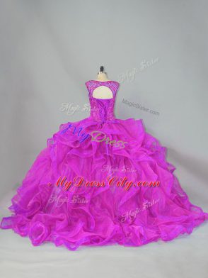 Scoop Sleeveless Brush Train Lace Up Quinceanera Dress Fuchsia Organza