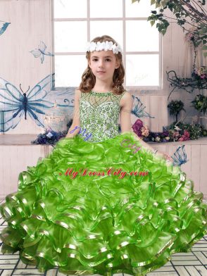 Green Scoop Lace Up Beading and Ruffles Pageant Dress Toddler Sleeveless