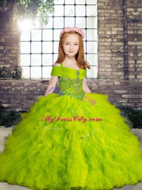 Simple Tulle Lace Up Pageant Gowns For Girls Sleeveless Floor Length Beading and Ruffles