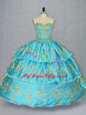 Cheap Baby Blue Lace Up 15th Birthday Dress Embroidery and Ruffled Layers Sleeveless Floor Length