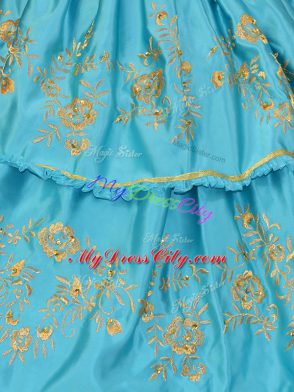 Cheap Baby Blue Lace Up 15th Birthday Dress Embroidery and Ruffled Layers Sleeveless Floor Length