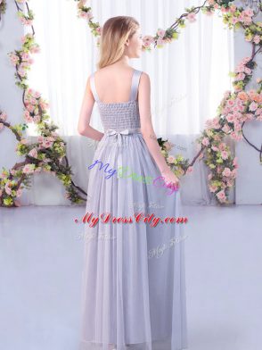 Fine Empire Bridesmaid Dress Light Blue Scoop Tulle Sleeveless Floor Length Side Zipper