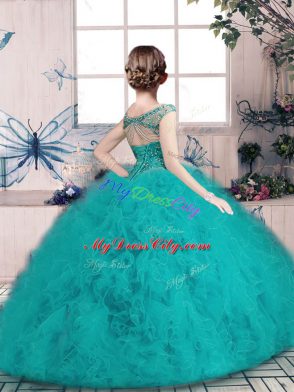 Tulle Off The Shoulder Sleeveless Lace Up Beading Evening Gowns in Teal