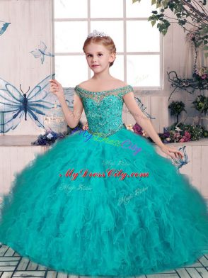 Tulle Off The Shoulder Sleeveless Lace Up Beading Evening Gowns in Teal