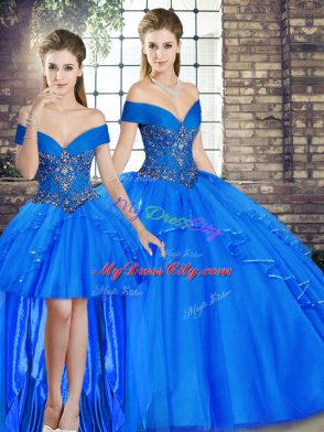 Cute Royal Blue Lace Up 15th Birthday Dress Beading and Ruffles Sleeveless Floor Length