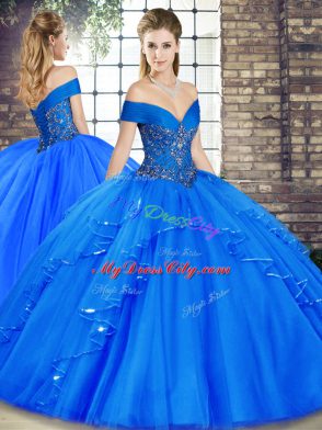 Cute Royal Blue Lace Up 15th Birthday Dress Beading and Ruffles Sleeveless Floor Length