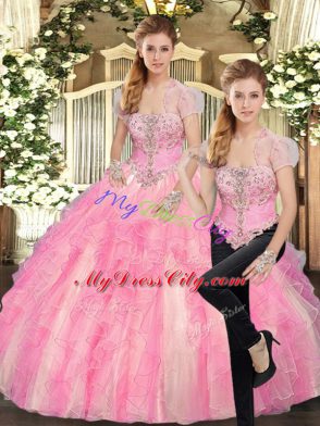 Fantastic Beading and Ruffles Quinceanera Dress Baby Pink Lace Up Sleeveless Floor Length