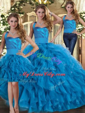 Fashionable Blue Three Pieces Halter Top Sleeveless Tulle Floor Length Lace Up Ruffles Quinceanera Dresses