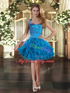 Fashionable Blue Three Pieces Halter Top Sleeveless Tulle Floor Length Lace Up Ruffles Quinceanera Dresses