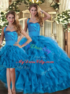 Fashionable Blue Three Pieces Halter Top Sleeveless Tulle Floor Length Lace Up Ruffles Quinceanera Dresses