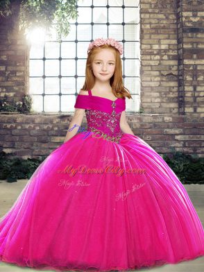 Great Ball Gowns Sleeveless Fuchsia Child Pageant Dress Brush Train Lace Up