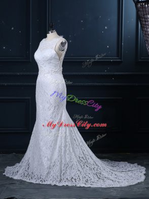 Trendy Sleeveless Lace Backless Wedding Gowns with White Brush Train