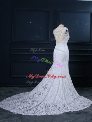 Trendy Sleeveless Lace Backless Wedding Gowns with White Brush Train