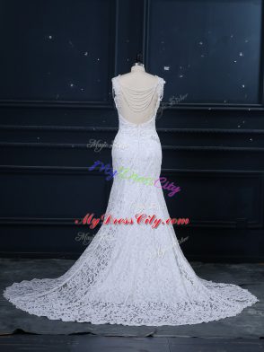 Trendy Sleeveless Lace Backless Wedding Gowns with White Brush Train