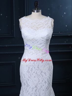 Trendy Sleeveless Lace Backless Wedding Gowns with White Brush Train