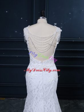 Trendy Sleeveless Lace Backless Wedding Gowns with White Brush Train