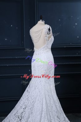 Trendy Sleeveless Lace Backless Wedding Gowns with White Brush Train