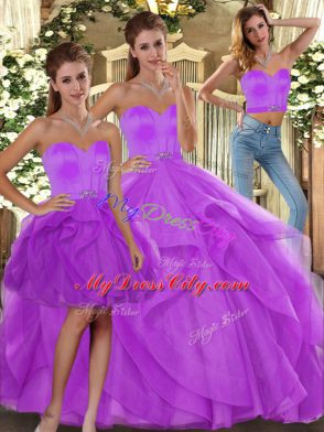 Sexy Lilac Lace Up Sweetheart Beading and Ruffles Quinceanera Dress Tulle Sleeveless