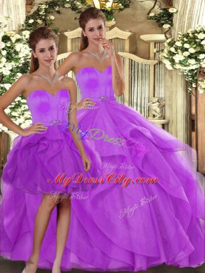 Sexy Lilac Lace Up Sweetheart Beading and Ruffles Quinceanera Dress Tulle Sleeveless