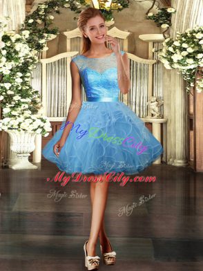 Light Blue Sleeveless Mini Length Lace and Ruffles Backless Prom Evening Gown