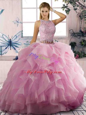 Floor Length Ball Gowns Sleeveless Pink Quinceanera Dresses Zipper