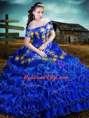 Royal Blue Lace Up Quinceanera Dress Embroidery and Ruffles Sleeveless Floor Length