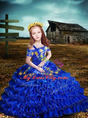 Royal Blue Lace Up Quinceanera Dress Embroidery and Ruffles Sleeveless Floor Length