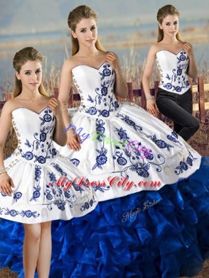 Beautiful Floor Length Ball Gowns Sleeveless Blue And White Quinceanera Dresses Lace Up