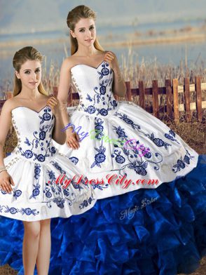 Beautiful Floor Length Ball Gowns Sleeveless Blue And White Quinceanera Dresses Lace Up