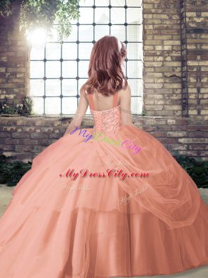 Straps Sleeveless Tulle Pageant Dress Wholesale Beading and Pick Ups Lace Up