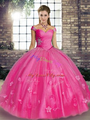 Superior Hot Pink Sleeveless Beading and Appliques Floor Length Quinceanera Dress