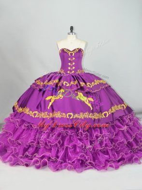 Purple Satin and Organza Lace Up Quince Ball Gowns Sleeveless Brush Train Embroidery and Ruffles