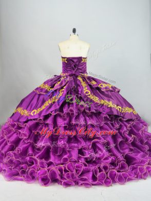 Purple Satin and Organza Lace Up Quince Ball Gowns Sleeveless Brush Train Embroidery and Ruffles