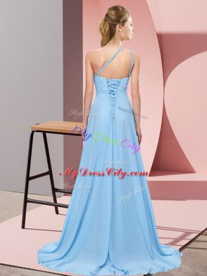 Blue Chiffon Lace Up Evening Dress Sleeveless Brush Train Beading