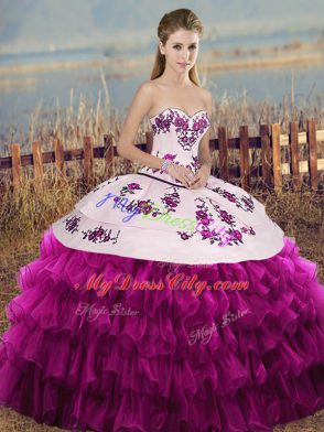 Fuchsia Ball Gowns Organza Sweetheart Sleeveless Embroidery and Ruffled Layers and Bowknot Floor Length Lace Up 15th Birthday Dress