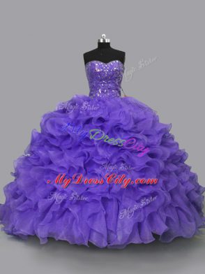 Custom Design Sweetheart Sleeveless Quince Ball Gowns Floor Length Beading and Ruffles Purple Organza