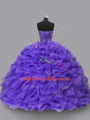 Custom Design Sweetheart Sleeveless Quince Ball Gowns Floor Length Beading and Ruffles Purple Organza