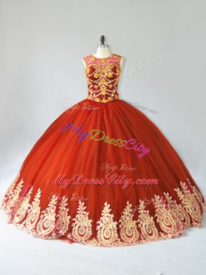 Floor Length Lace Up Quinceanera Dress Rust Red for Sweet 16 and Quinceanera with Appliques