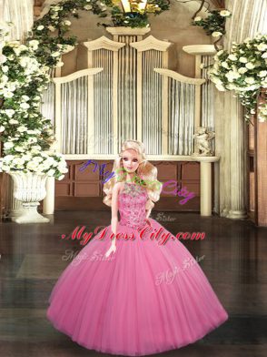 Modern Floor Length Lace Up Quinceanera Gowns Rose Pink for Sweet 16 and Quinceanera with Beading