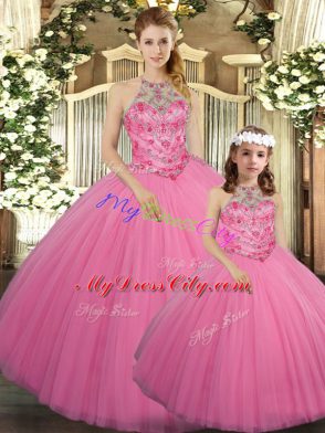 Modern Floor Length Lace Up Quinceanera Gowns Rose Pink for Sweet 16 and Quinceanera with Beading