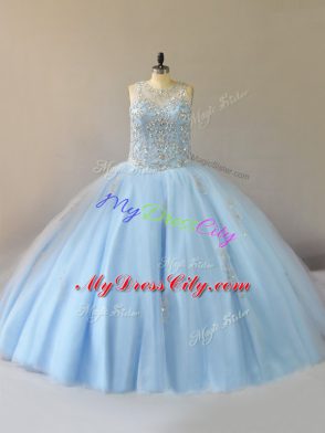 Light Blue Ball Gowns Beading Quinceanera Gown Lace Up Tulle Sleeveless Floor Length