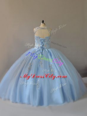 Light Blue Ball Gowns Beading Quinceanera Gown Lace Up Tulle Sleeveless Floor Length