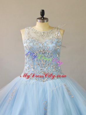 Light Blue Ball Gowns Beading Quinceanera Gown Lace Up Tulle Sleeveless Floor Length