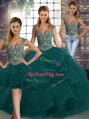 Peacock Green Three Pieces Straps Sleeveless Tulle Floor Length Lace Up Beading and Ruffles Sweet 16 Dresses