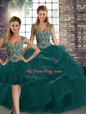 Peacock Green Three Pieces Straps Sleeveless Tulle Floor Length Lace Up Beading and Ruffles Sweet 16 Dresses