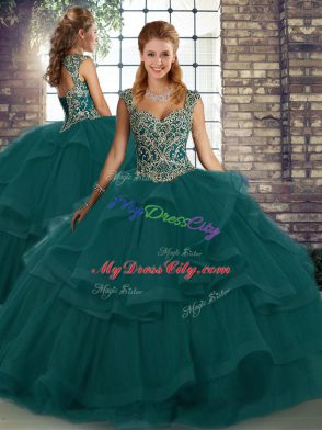 Peacock Green Three Pieces Straps Sleeveless Tulle Floor Length Lace Up Beading and Ruffles Sweet 16 Dresses