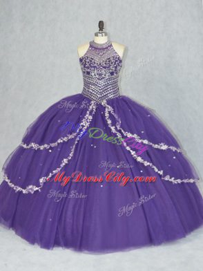 Purple Sleeveless Tulle Lace Up Quinceanera Gowns for Sweet 16 and Quinceanera