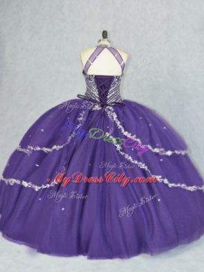 Purple Sleeveless Tulle Lace Up Quinceanera Gowns for Sweet 16 and Quinceanera